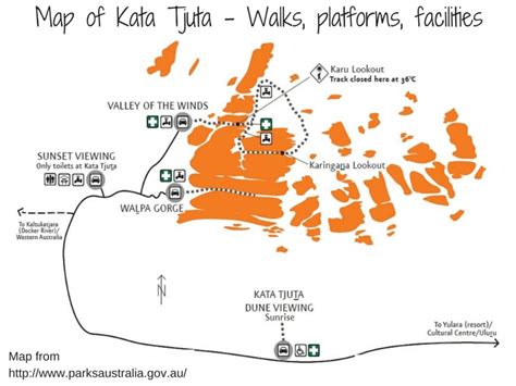 Map of Kata Tjuta walks along with the sunset and sunrise viewing platforms asl well as ...