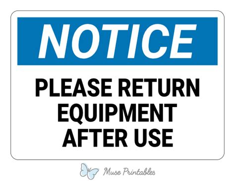 Printable Please Return Equipment After Use Notice Sign