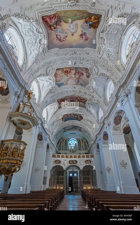 Interior view with organ gallery and ceiling frescoes and stucco, Basilica St. Quirin, monastery ...