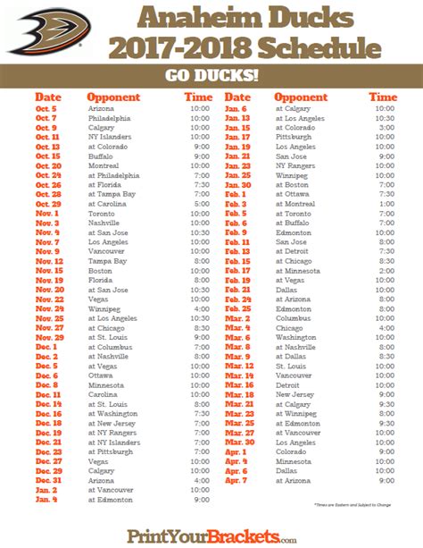 Printable Anaheim Ducks 2017-2018 Schedule | Anaheim ducks, Anaheim ...