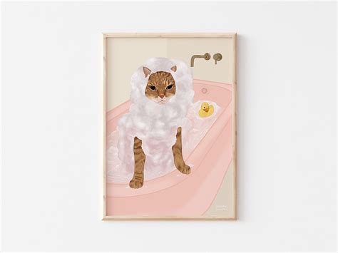 Bath Cat Illustration Cat Print Cat Decor Bath Art Print - Etsy