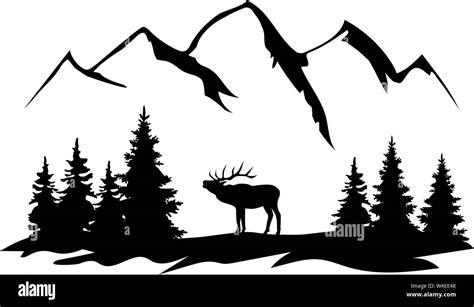 vector illustration of mountains, forest, animal silhouette. nature background Stock Vector ...