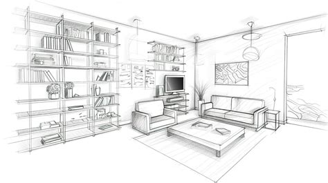 Contemporary Living Room Wall Unit Sketches Hand Drawn On White ...
