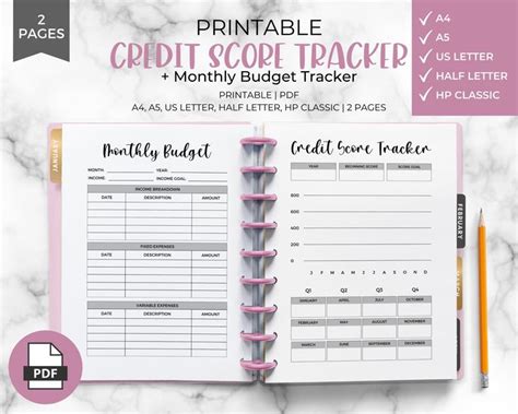 Credit Score Tracker Printable, Budget Tracker, Credit Repair, Monthly Budget, 5 Sizes, Tracker ...