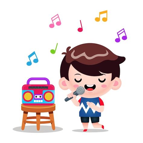 Premium Vector | Cute boy singing karaoke music