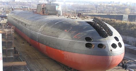 OMSK, an Oscar-class Russian submarine, perched in drydock showing bow detail. Year and location ...