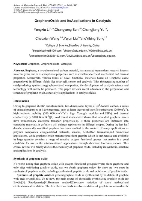 (PDF) Graphene Oxide and its Applications in Catalysis