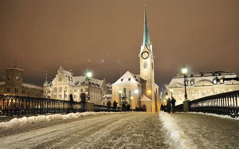 Zurich, Switzerland, house, people, winter, snow, night, lights ...