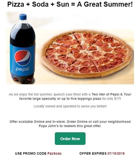 2-L Pepsi & Large specialty or 5-Topping Pizza for $17 at Papa John's ...