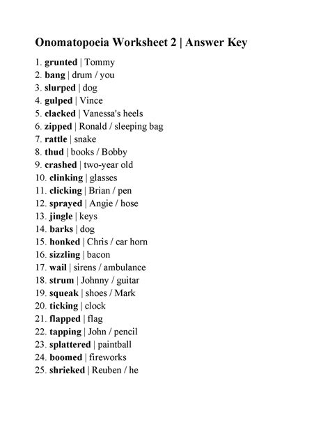 Onomatopoeia Worksheet 2 | Answers