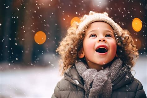 Premium Photo | Portrait of a cute little girl with curly hair on a background of a winter park ...
