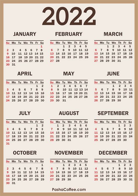 Calendar 2022 Printable One Page