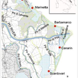 Map showing the Po River main course and its basin, with a zoom on the... | Download Scientific ...