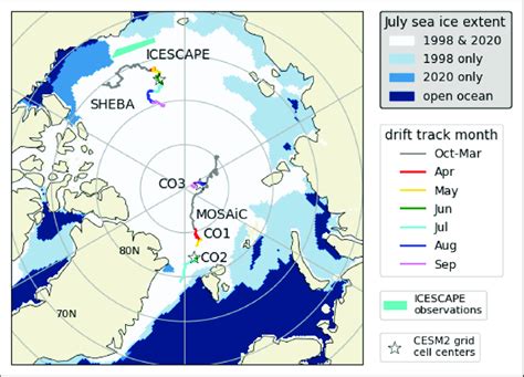 Map of sea ice extent, drift tracks, and model grid cell locations ...