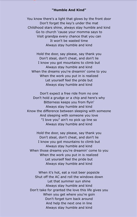 Tim McGraw--- Humble and Kind | Country music quotes, Great song lyrics, Country music lyrics