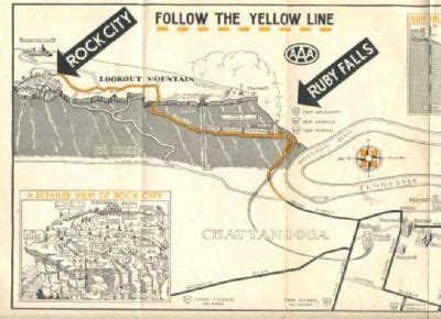 Old Map showing the locations of Ruby Falls/Lookout Mountain Caverns and Rock City. | Lookout ...