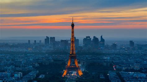 Paris City And Eiffel Tower On Aerial View With Cloudy Sky Background ...