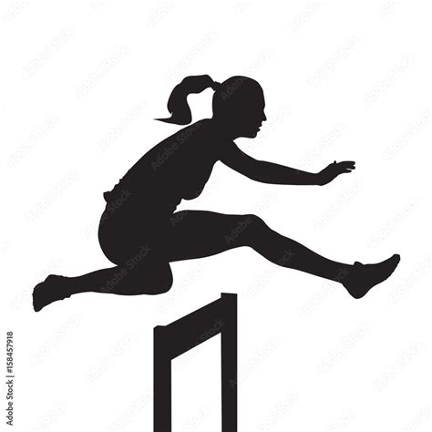 Woman jumping and running over hurdles, hurdle race, vector silhouette ...