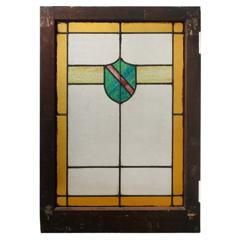 American Arts & Crafts Stained Glass Windows with Shield