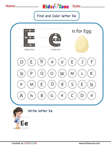 Kindergarten Letter E Find and Color worksheet - KidzeZone