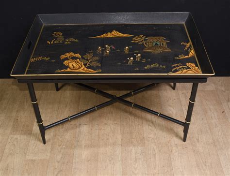 Chinese Black Lacquer Coffee Table Tray Chinoiserie