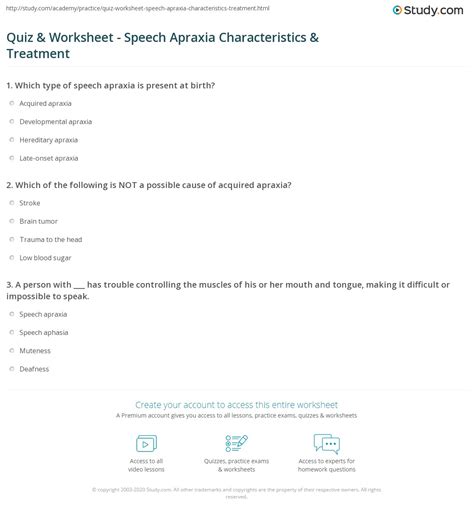 Quiz & Worksheet - Speech Apraxia Characteristics & Treatment | Study.com