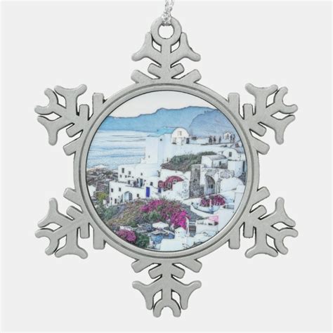 Custom Christmas Santorini Greece Snowflake Pewter Christmas Ornament | Zazzle