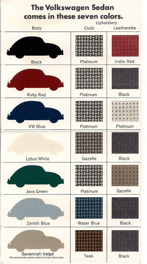 Exterior and Interior colors of '67 Beetles. (US Market) | Vw beetles, Vintage volkswagen ...