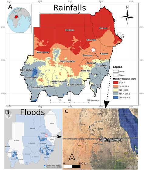 A Map of Sudan’s rainfall (after [43]). B Map of areas affected by ...