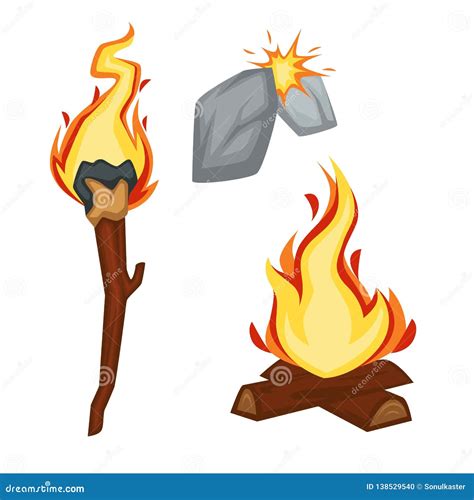 Fire Stone Age Sparkle Flame Torch and Campfire Stock Vector ...