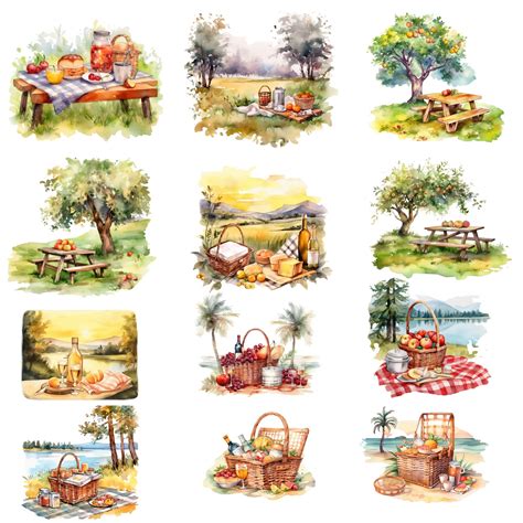 Watercolor Picnic Basket Clipart Printable Watercolor Picnic - Etsy