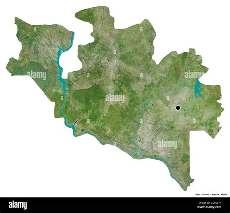 Shape of Niger, state of Nigeria, with its capital isolated on white background. Satellite ...