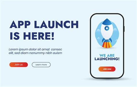 App launch. App Launch event post template with rocket in mobile screen. Mobile App launching ...