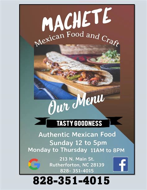 Menu at Machete Mexican Food and Crafts Store restaurant, Rutherfordton