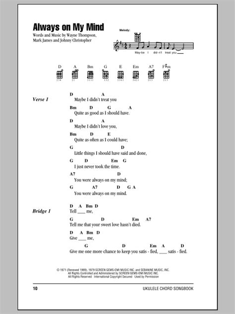 Always On My Mind by Willie Nelson Sheet Music for Ukulele Chords ...