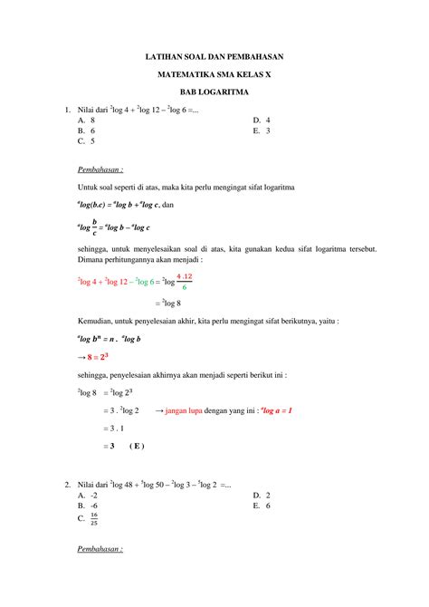 SOLUTION: Latihan soal dan pembahasan logaritma sma kelas x - Studypool