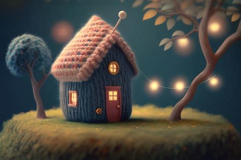 Premium AI Image | A small house with a pink roof and a tree in the background