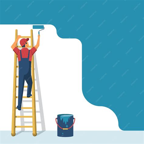 Premium Vector | Painter standing on staircase paints the wall. Man is holding paint roller in ...