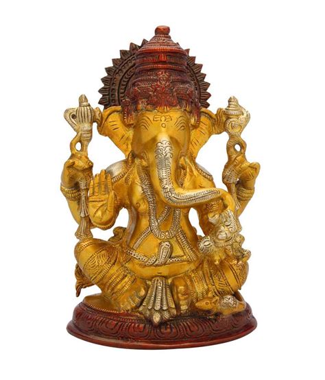 Statuestudio Ganesh Statue - Brass Idol - Yellow Color- Antique Decor - Sitting Pose - 9 Inch ...