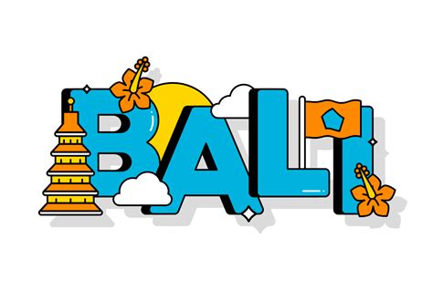 the word bali is surrounded by various items and decorations in blue, orange, and yellow