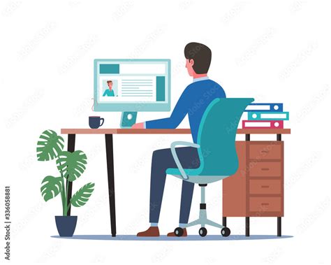 Young man working on computer. Business people sitting at office desk. Flat design vector ...