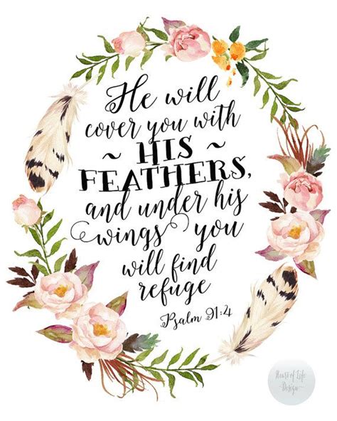 Printable Art | Scripture Art Print | Psalm 91 4 | Tribal Watercolor Flowers | He Will Cover You ...