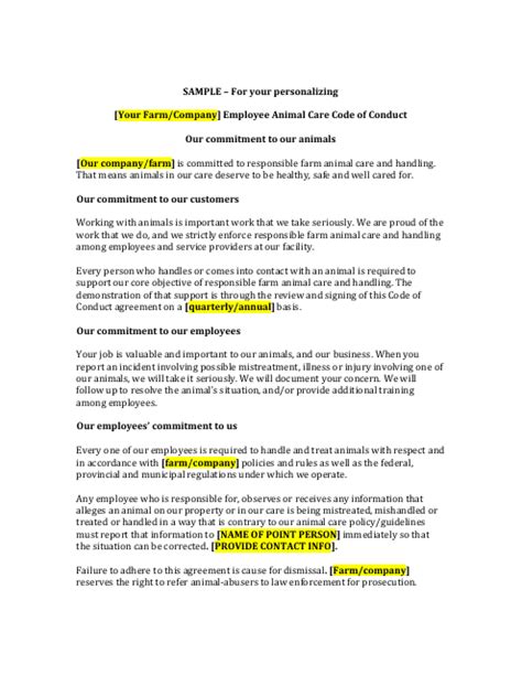 Employee Animal Care Code of Conduct Template - Sample - Fill Out, Sign ...