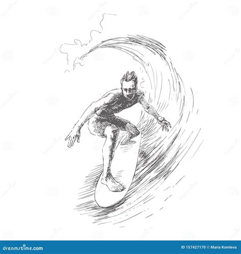 Vector Illustration with Surfer on Wave. Black and White Hand Drawn ...