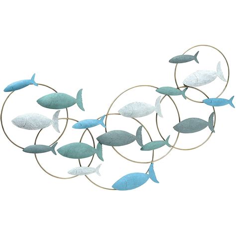 School of Fish Metal Wall Decor Art, Turquoise, Teal, White, Grey and Gold, Made By Hand ...