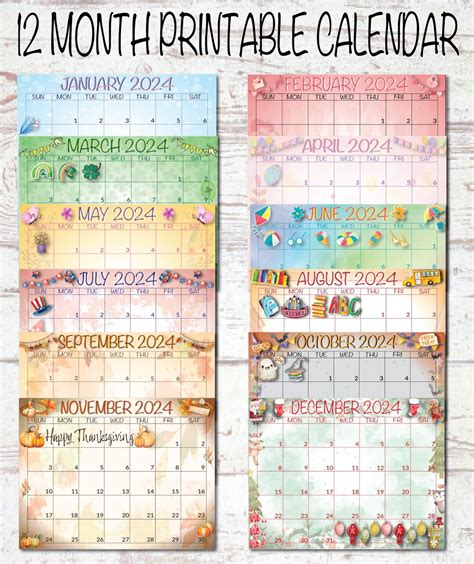 12 Month Printable Calendar Digital Calendar Printable Calendar Month ...