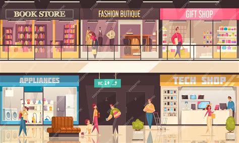 Premium Vector | Shopping mall illustration with interior inside the mall shopping corners ...