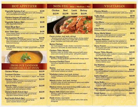 Menu for Indian Hut Restaurant in Grimsby, Ontario, Canada