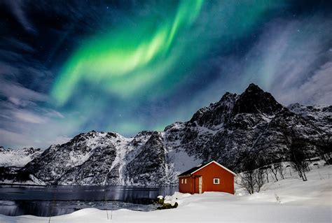 Northern lights in Norway - Lofoten, Svoelver, Aurora Borealis over a frozen lake and red rorbu ...