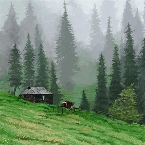 wallpaper hut, trees, grass, art HD : Widescreen : High Definition ...